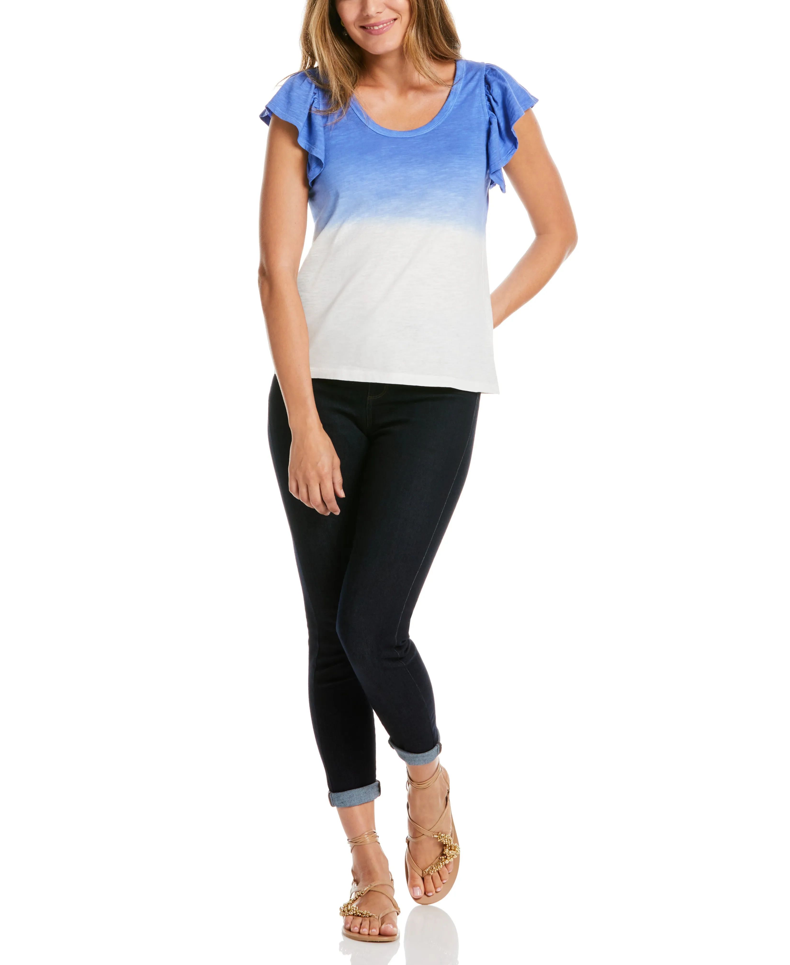 Petite Size Scoop Neck Ruffle Sleeve Tee