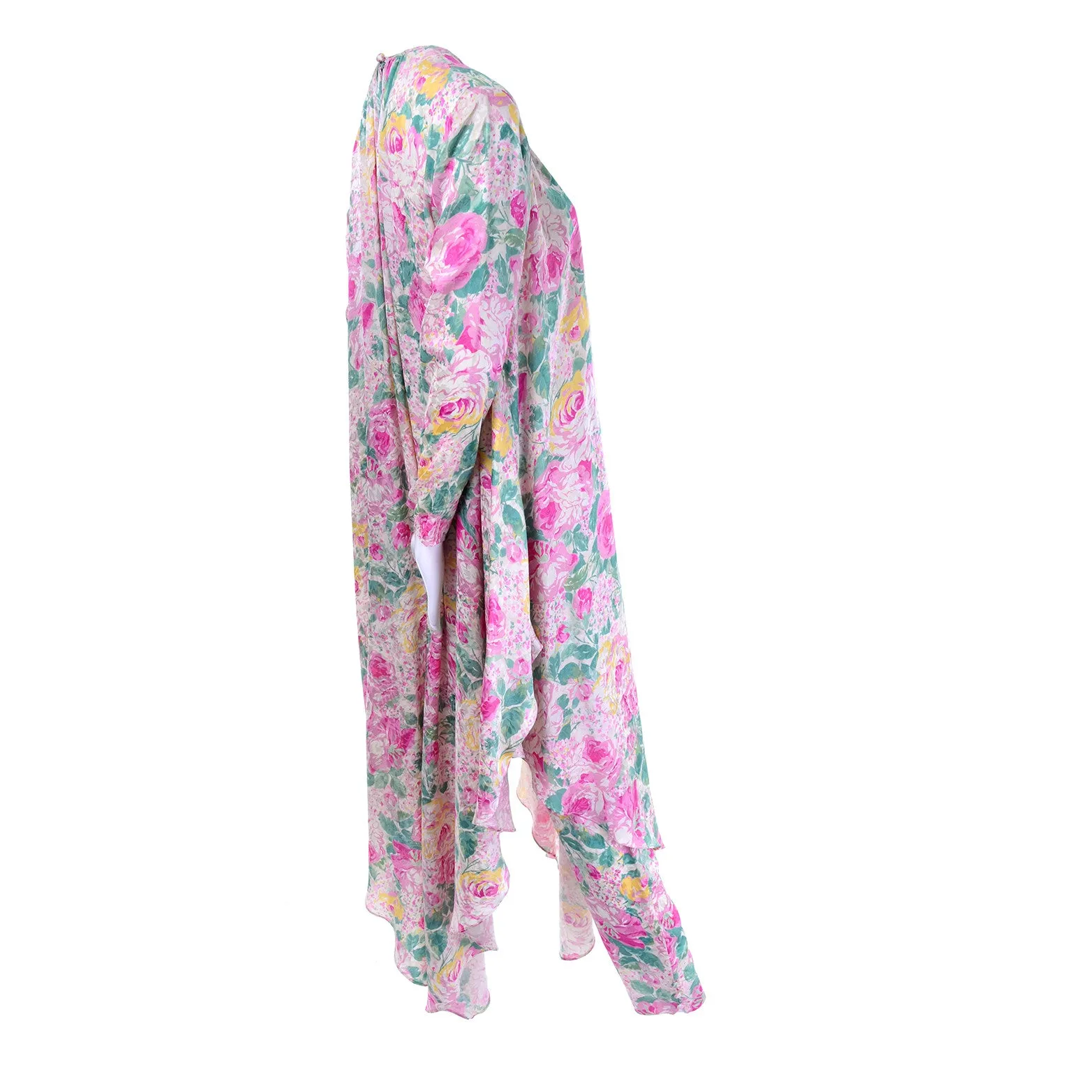 Pink Floral Silk Vintage Caftan with Matching High Waisted Pants Small