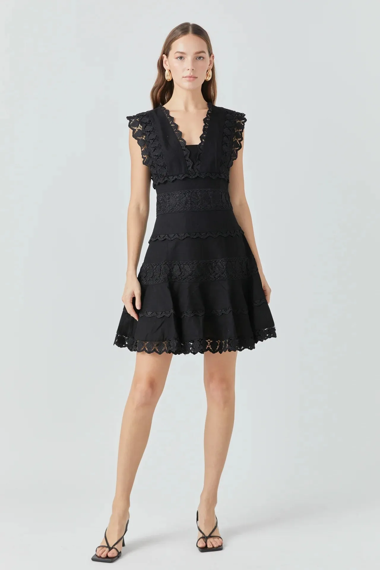 PLUNGING NECK LACE TRIM DRESS