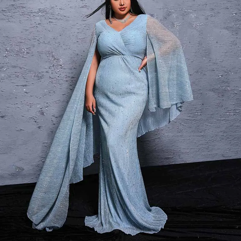 Plus Size Cape Sleeve Prom Dress Dusty Blue V Neck Event Dress