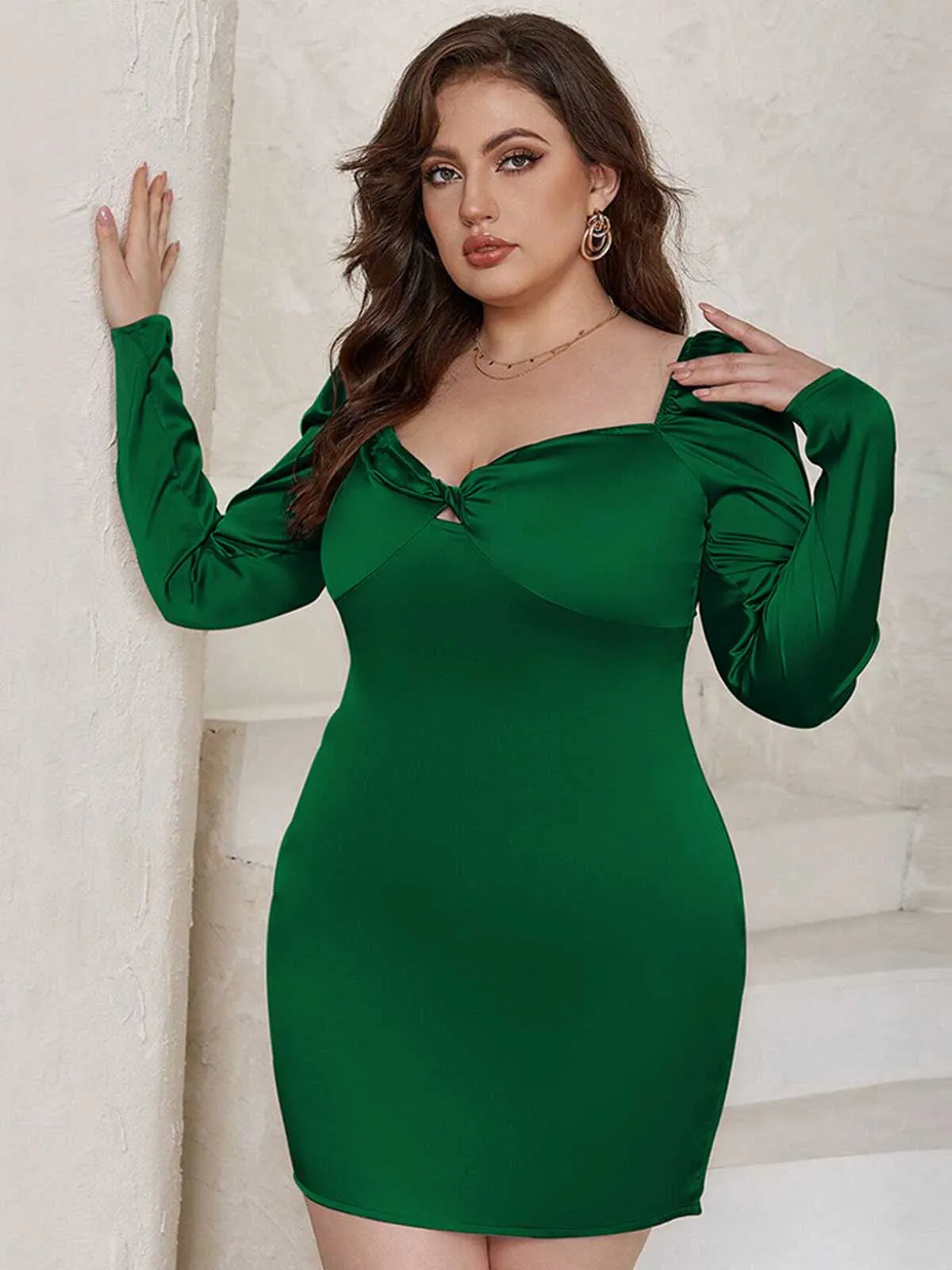 [Plus Size] Green 1960s Sweetheart Neck Solid Wrap Dress