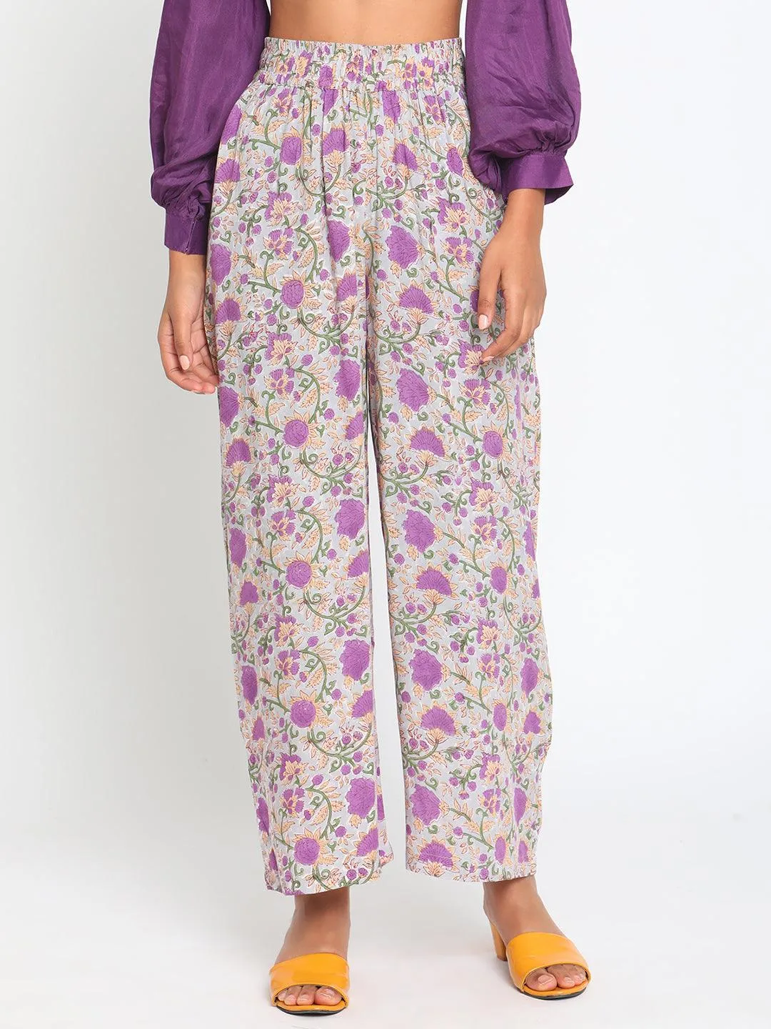 Purple Hand Block Printed High Waist Pant