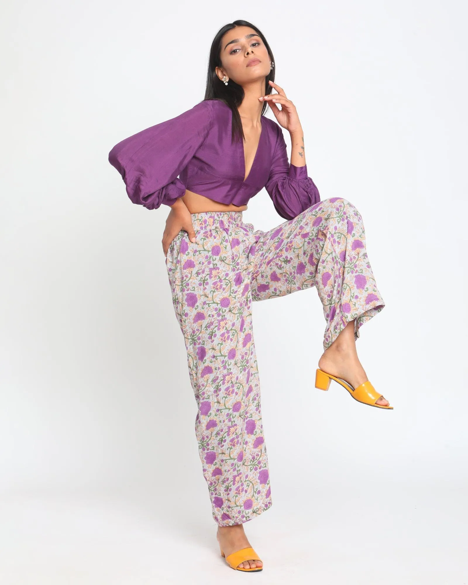 Purple Hand Block Printed High Waist Pant