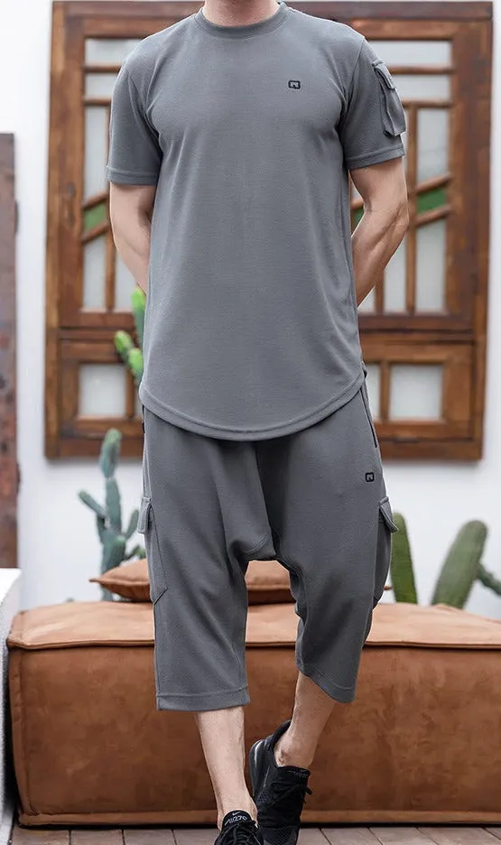 QL IGO Relaxed Cargo Shorts and T-Shirt Set in Dark Grey