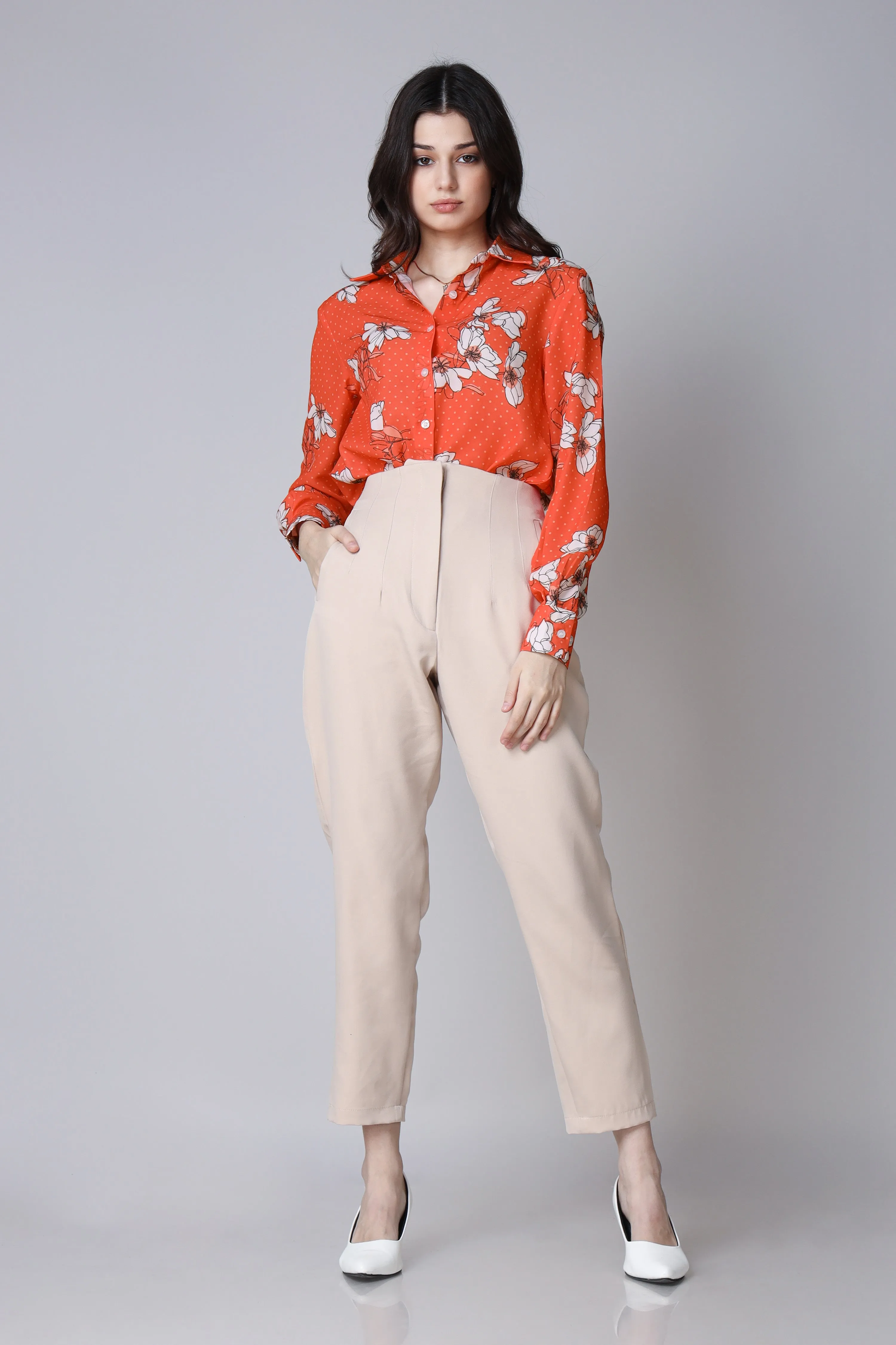 Red Floral Regular Fit Women's Shirt