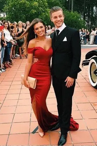 Red Sexy Off Shoulder Mermaid Split Satin Prom Dress,Evening Dresses,SVD320