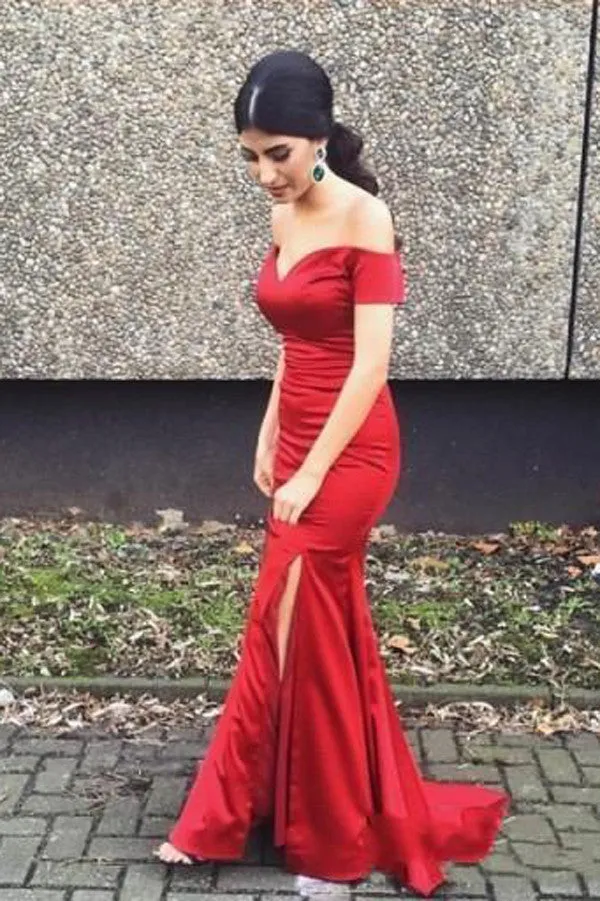 Red Sexy Off Shoulder Mermaid Split Satin Prom Dress,Evening Dresses,SVD320