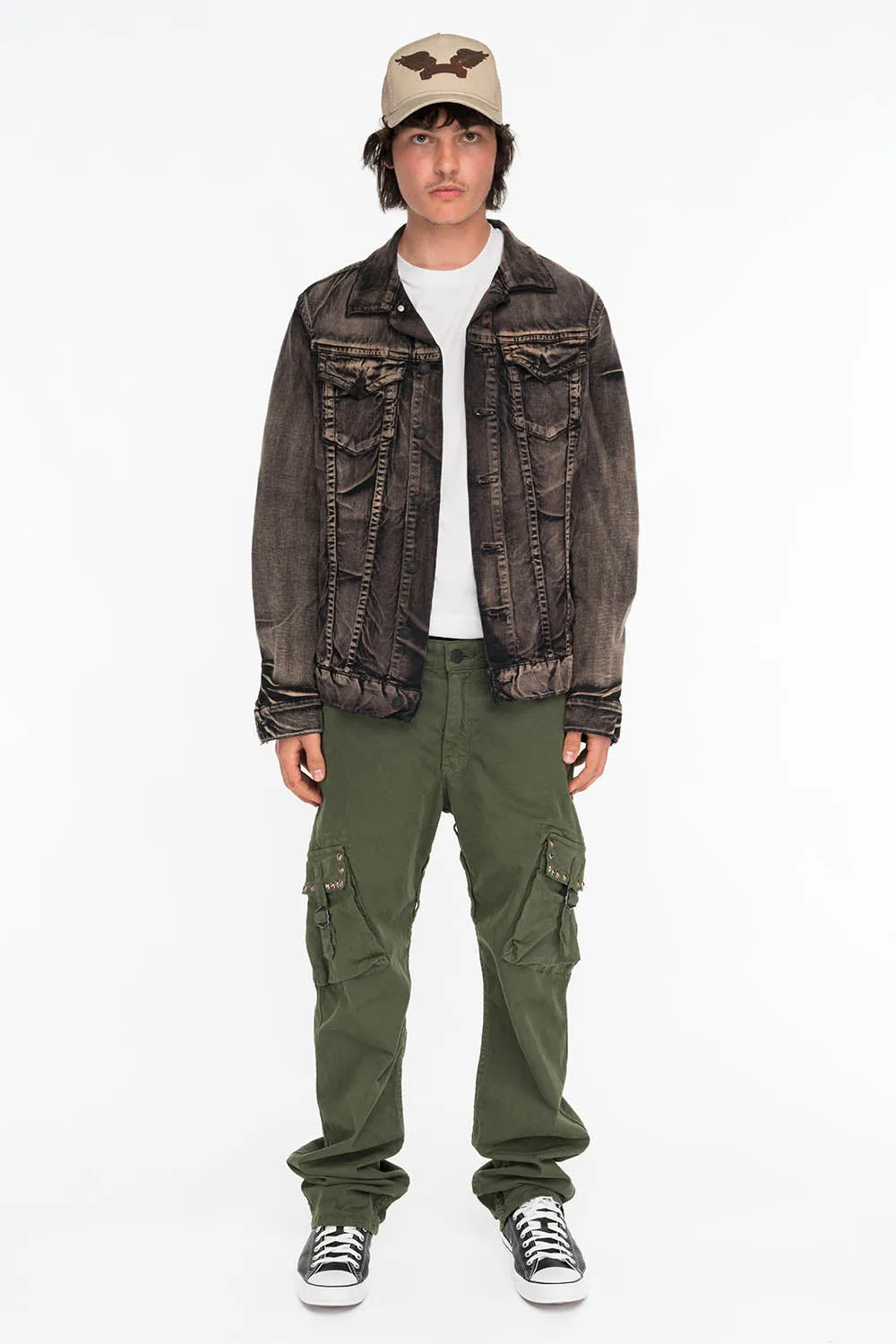 ROBINS NEW MILITARY STYLE CARGO PANTS IN GREEN ARMY WITH STUDS AND CRYSTALS