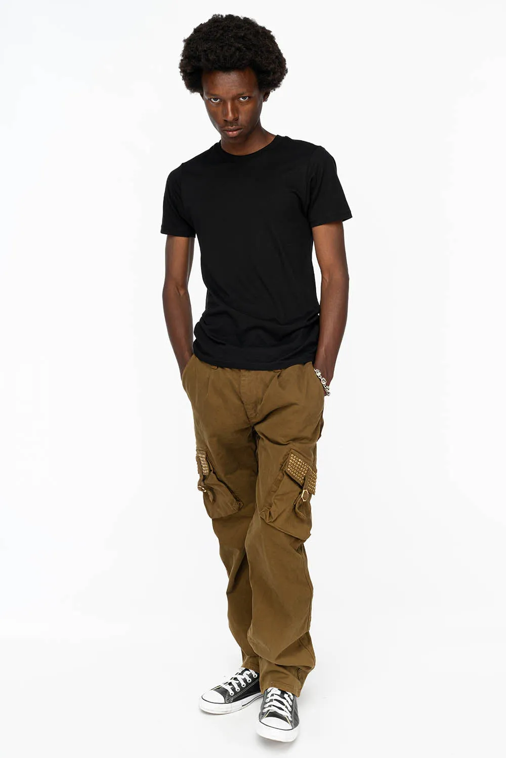 ROBINS NEW MILITARY STYLE CARGO PANTS IN OLIVE WITH SMOKY TOPAZ CRYSTALS