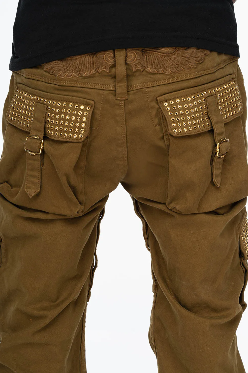 ROBINS NEW MILITARY STYLE CARGO PANTS IN OLIVE WITH SMOKY TOPAZ CRYSTALS