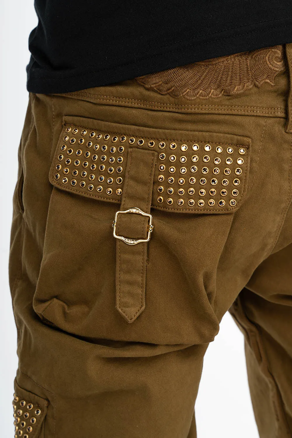 ROBINS NEW MILITARY STYLE CARGO PANTS IN OLIVE WITH SMOKY TOPAZ CRYSTALS