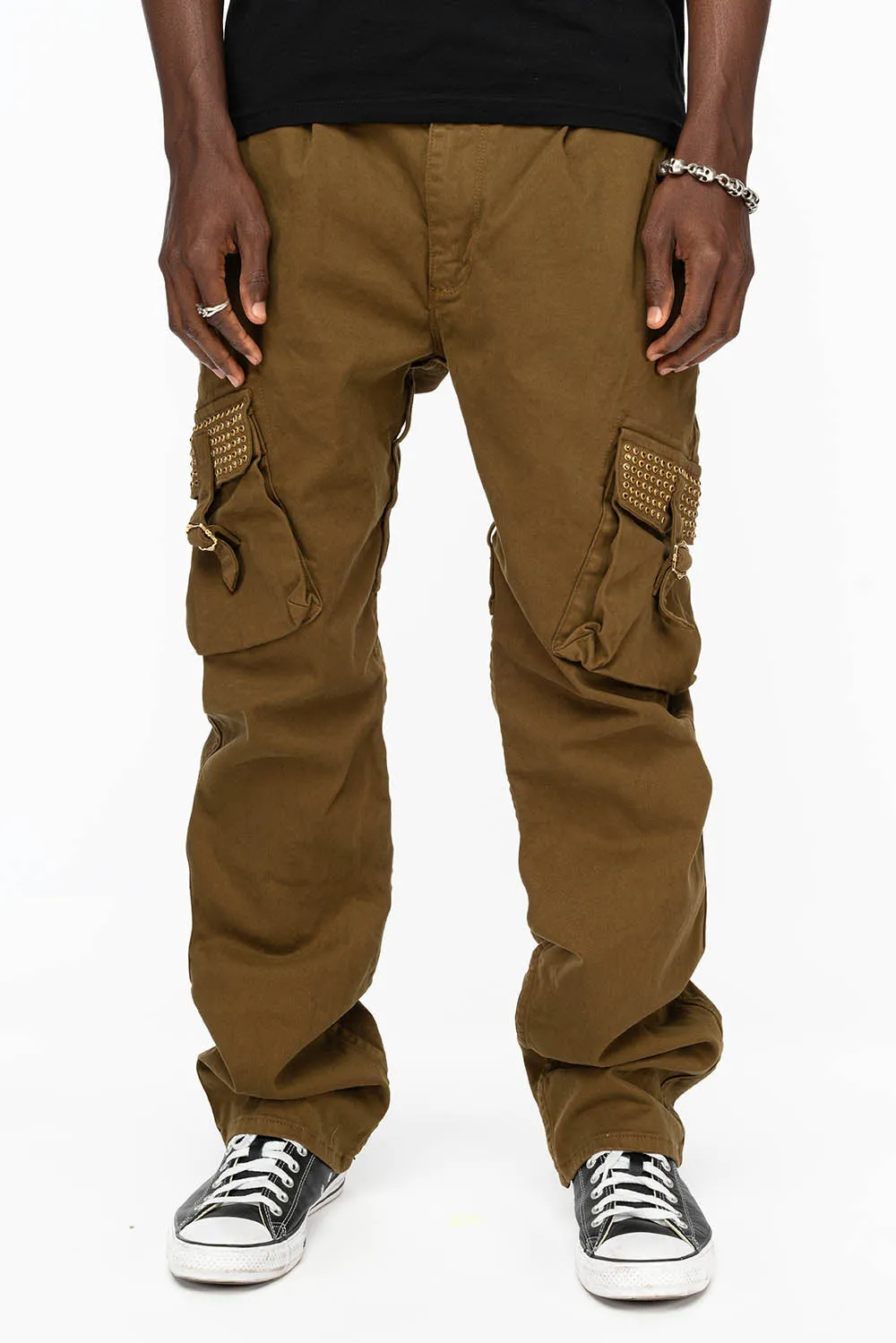 ROBINS NEW MILITARY STYLE CARGO PANTS IN OLIVE WITH SMOKY TOPAZ CRYSTALS