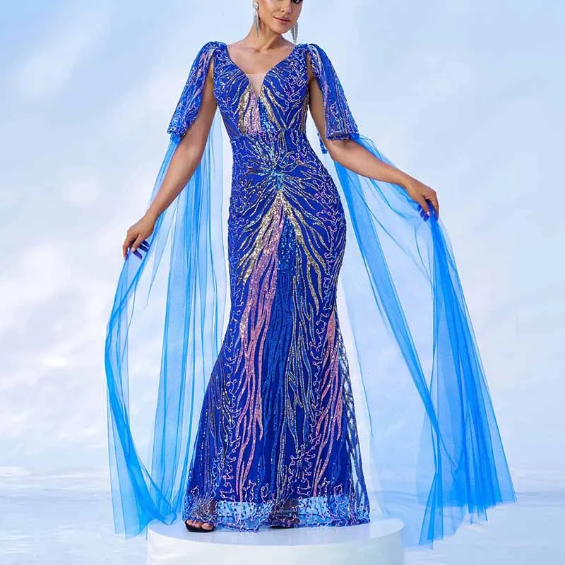 Royal Blue Prom Dress with Cape Sleeves Sequined Long Maxi Dress