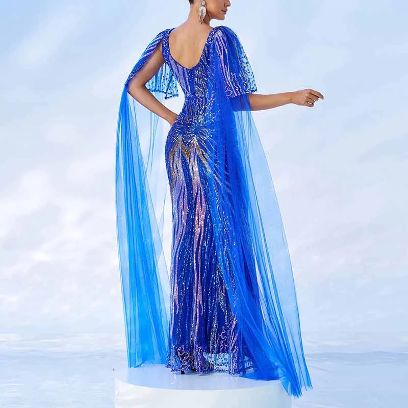 Royal Blue Prom Dress with Cape Sleeves Sequined Long Maxi Dress