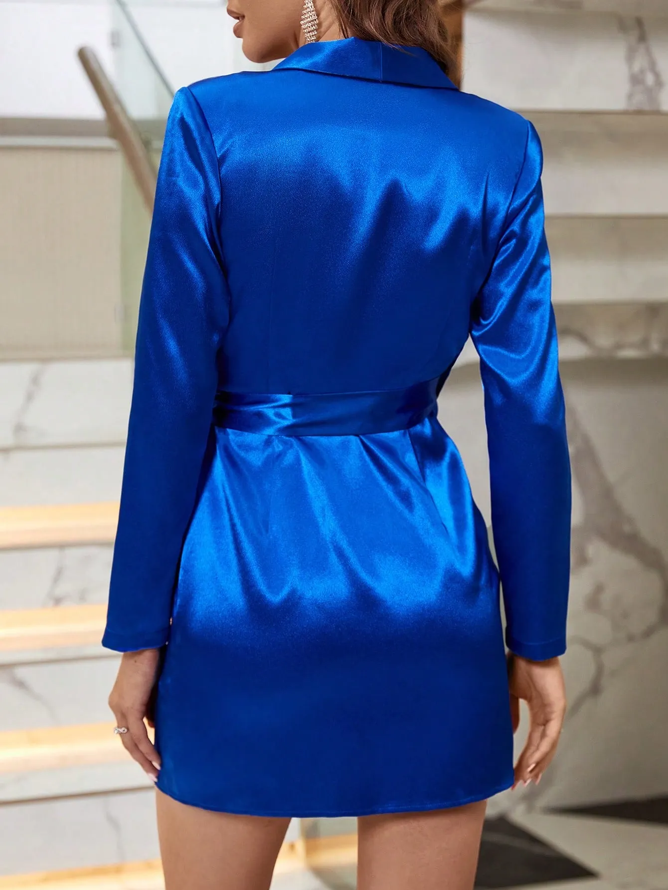 Royal Blue Shawl Collar Wrap Knot Side Short Satin Dress