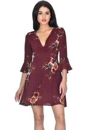 Rust Printed Wrap Over skater dress