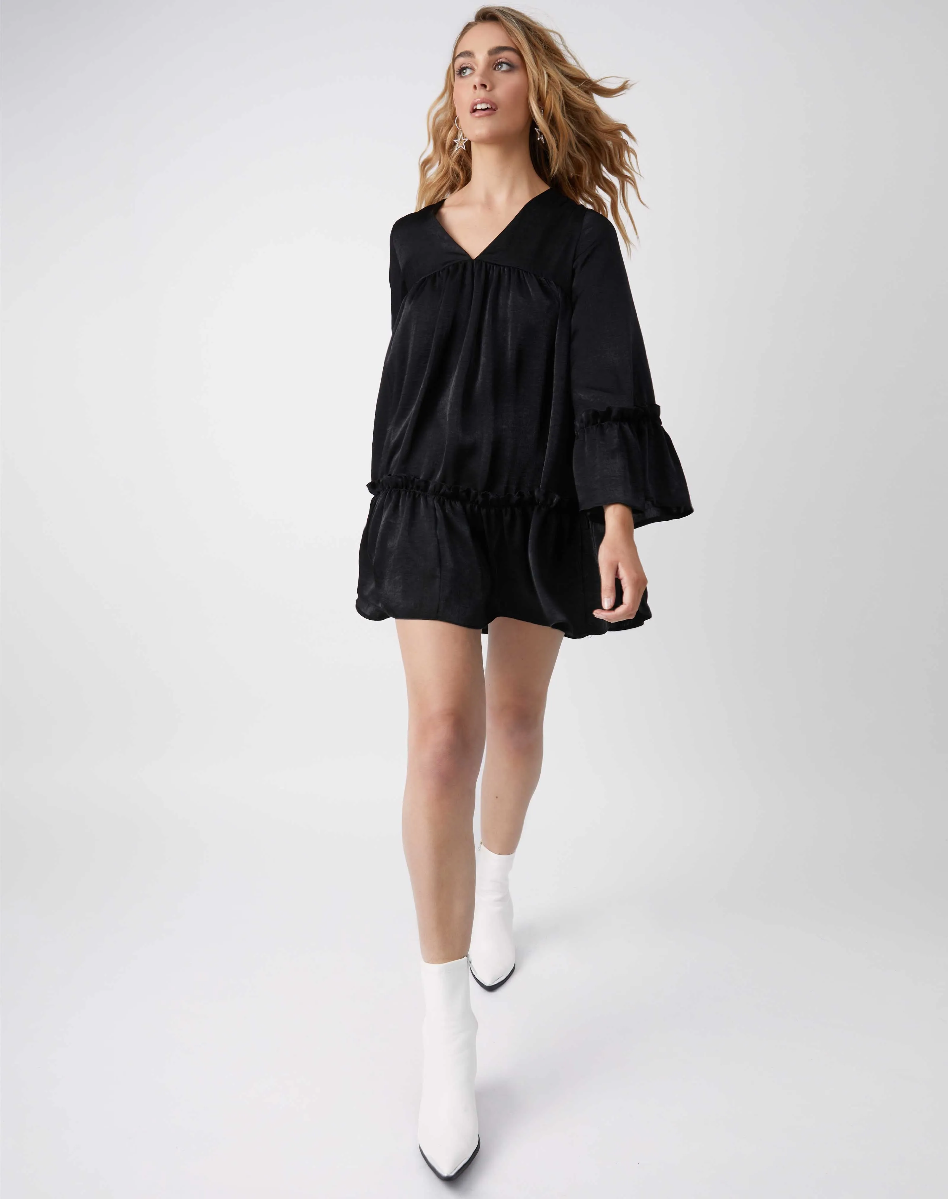 Satin Long Sleeve Mini Babydoll Dress in Black | Regina