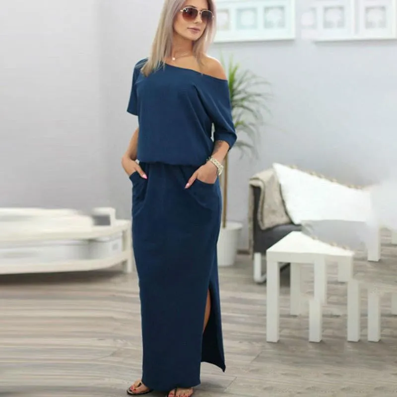 Sexy Women Boho Maxi Dress Short Sleeve Side Slit Loose Evening Party Long Beach Dress