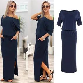 Sexy Women Boho Maxi Dress Short Sleeve Side Slit Loose Evening Party Long Beach Dress