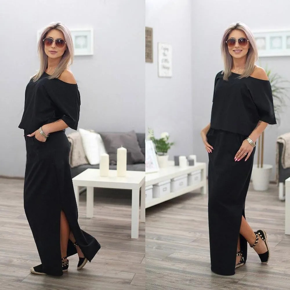 Sexy Women Boho Maxi Dress Short Sleeve Side Slit Loose Evening Party Long Beach Dress