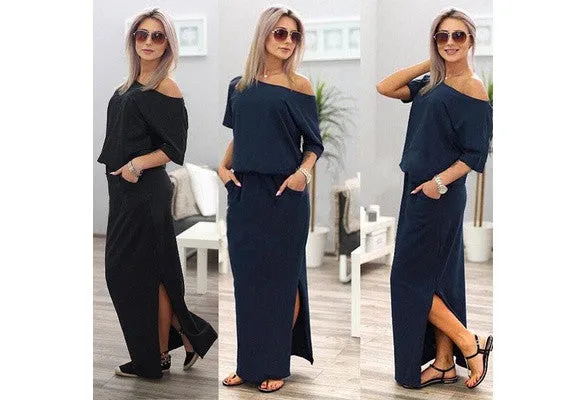 Sexy Women Boho Maxi Dress Short Sleeve Side Slit Loose Evening Party Long Beach Dress