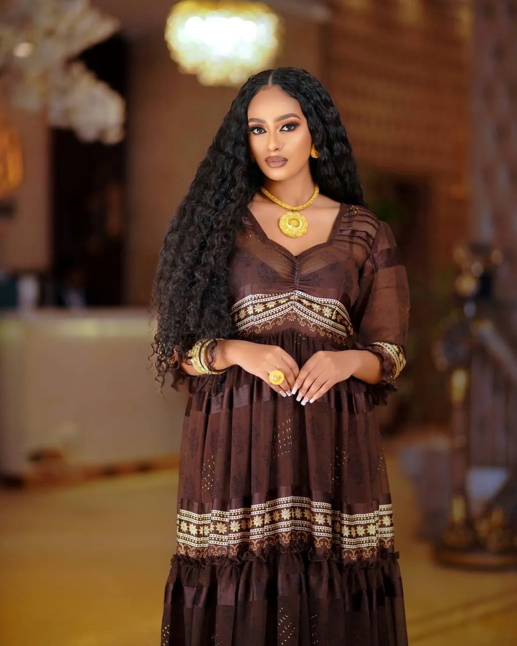 Shiny Dark Brown Habesha Chiffon: with Modern Design for Any Cultural and Religious Celebrations