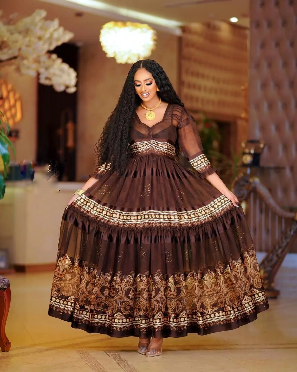 Shiny Dark Brown Habesha Chiffon: with Modern Design for Any Cultural and Religious Celebrations