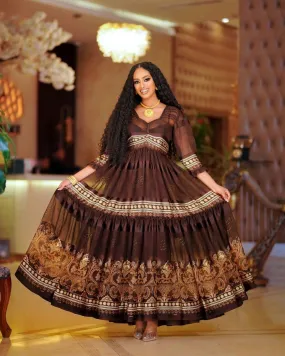 Shiny Dark Brown Habesha Chiffon: with Modern Design for Any Cultural and Religious Celebrations