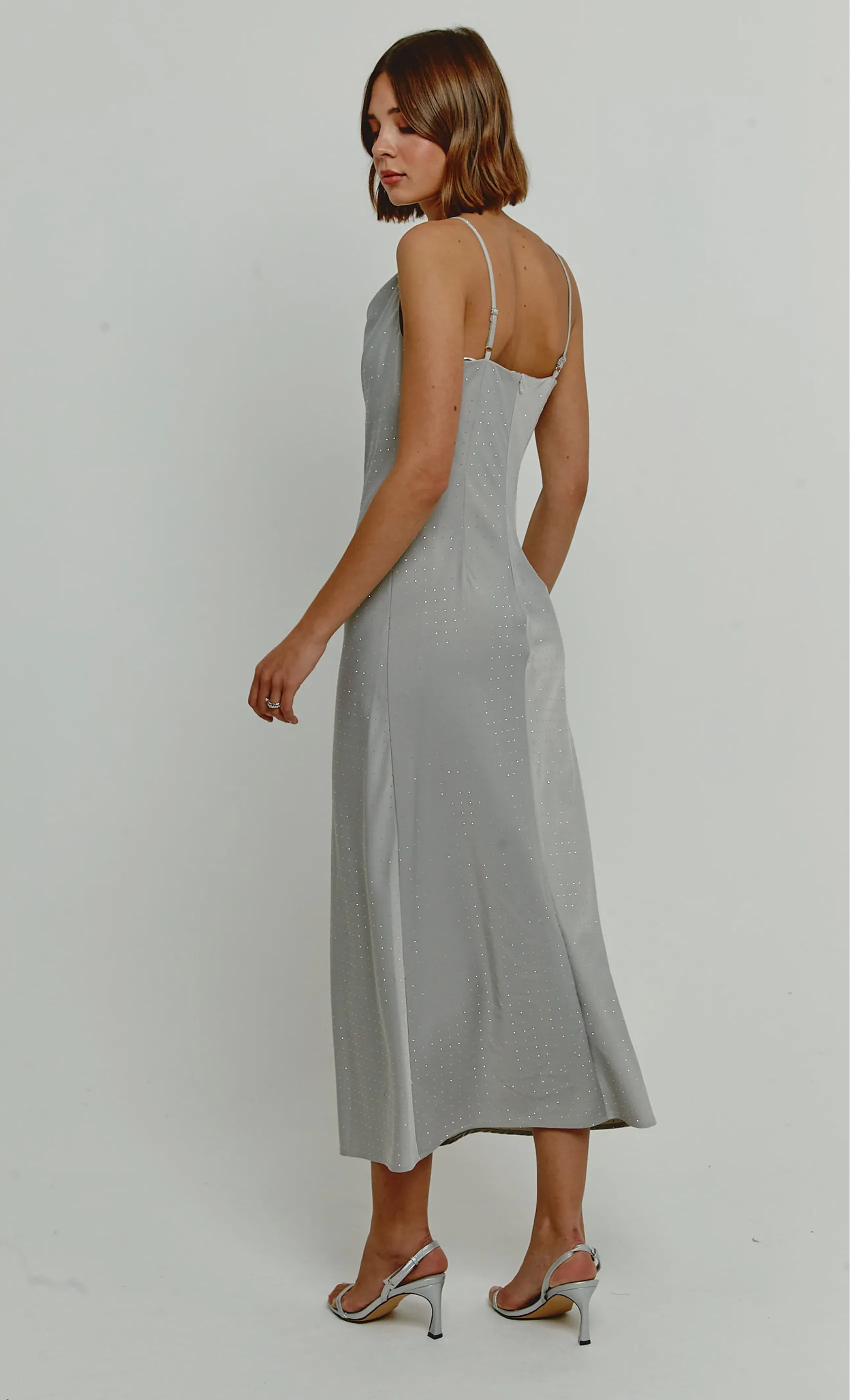 Silver Diamante Satin Slip Maxi Dress