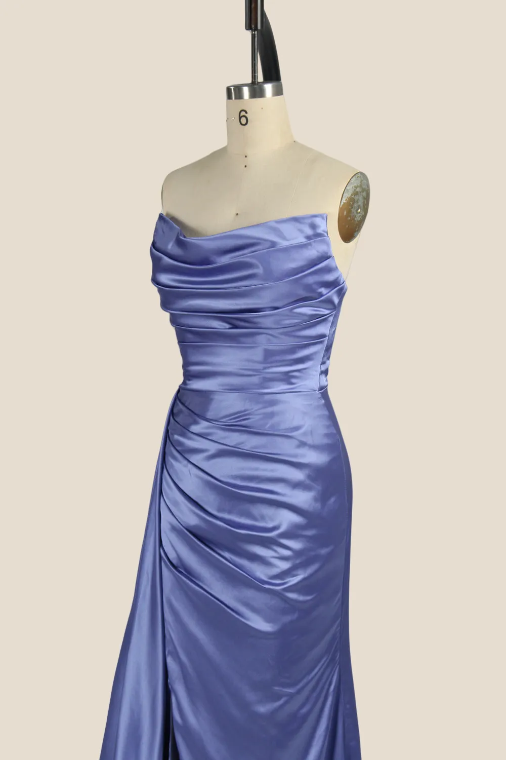 Smoky Blue Ruched Long Dress with Slit