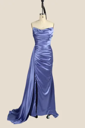 Smoky Blue Ruched Long Dress with Slit