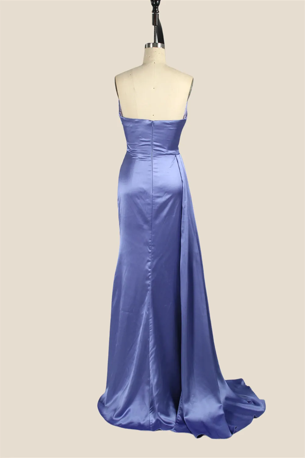 Smoky Blue Ruched Long Dress with Slit