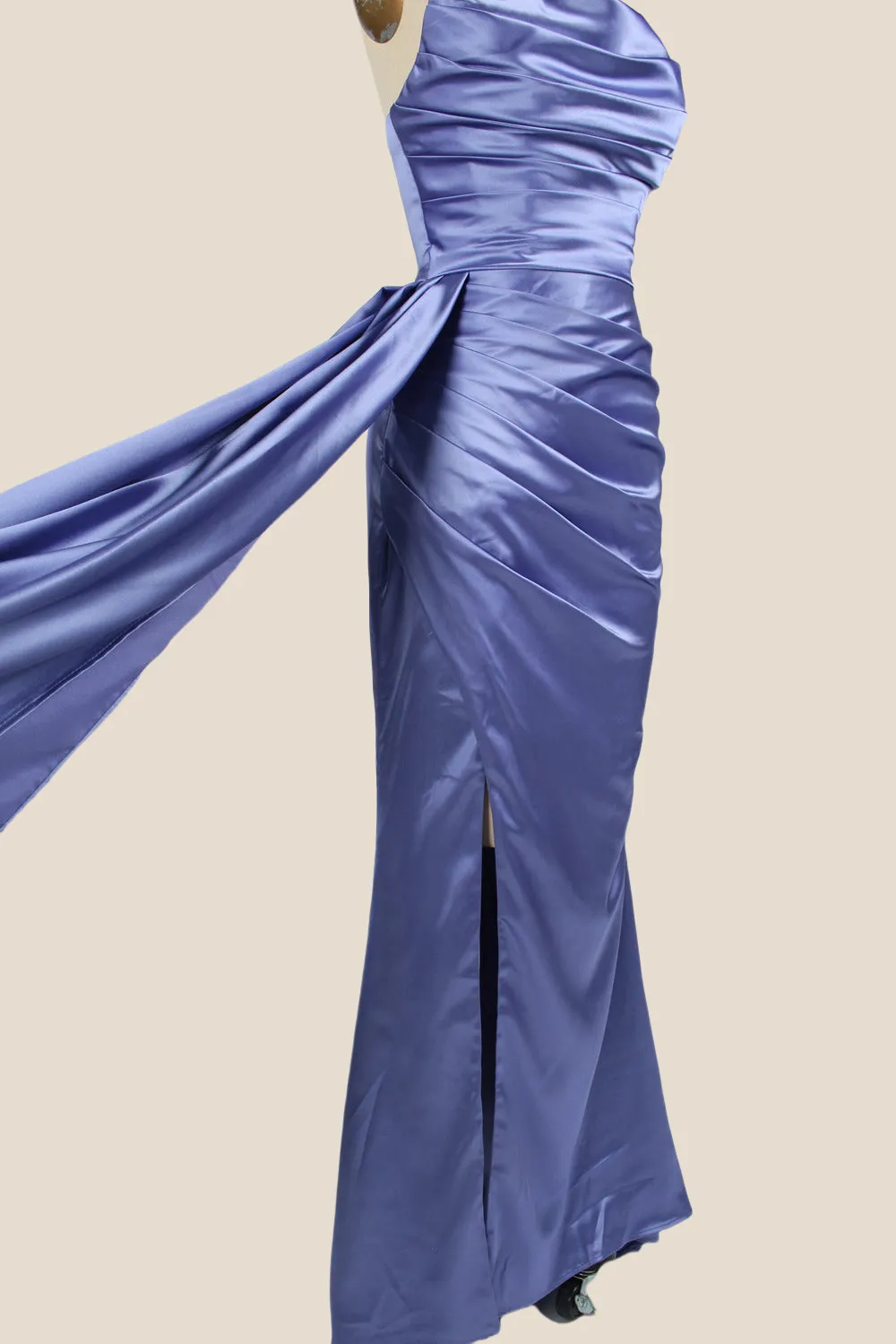 Smoky Blue Ruched Long Dress with Slit