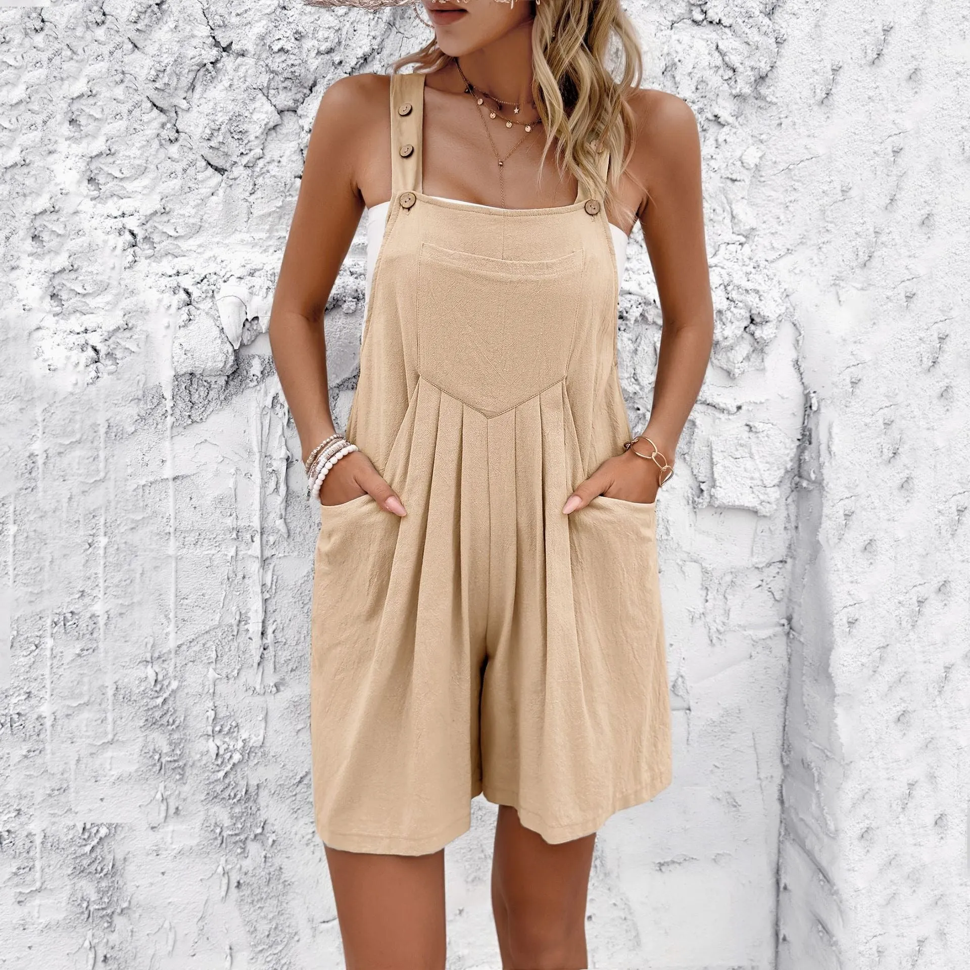 Solid Color Pleated Wide Leg Overall Romper (5 colors)