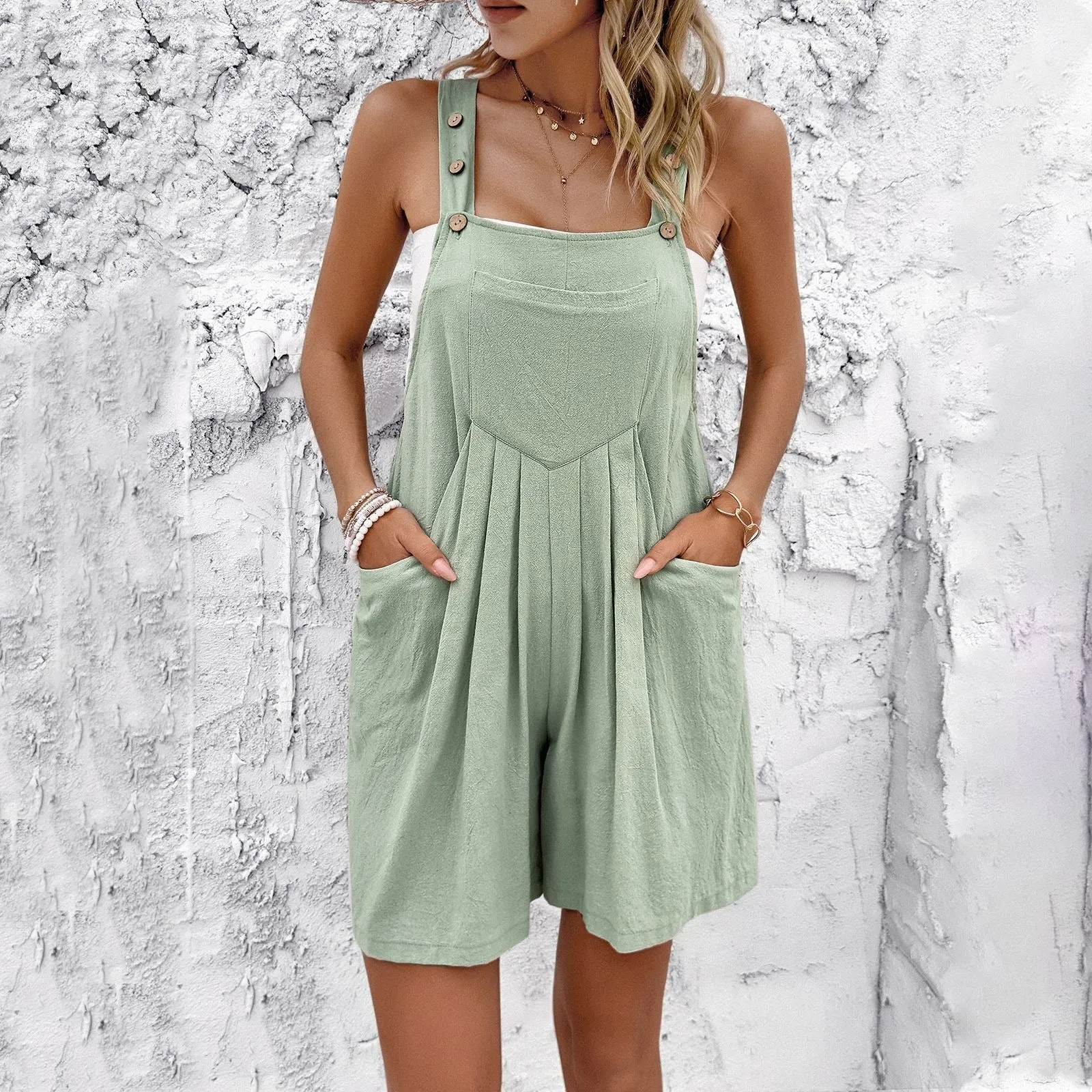 Solid Color Pleated Wide Leg Overall Romper (5 colors)