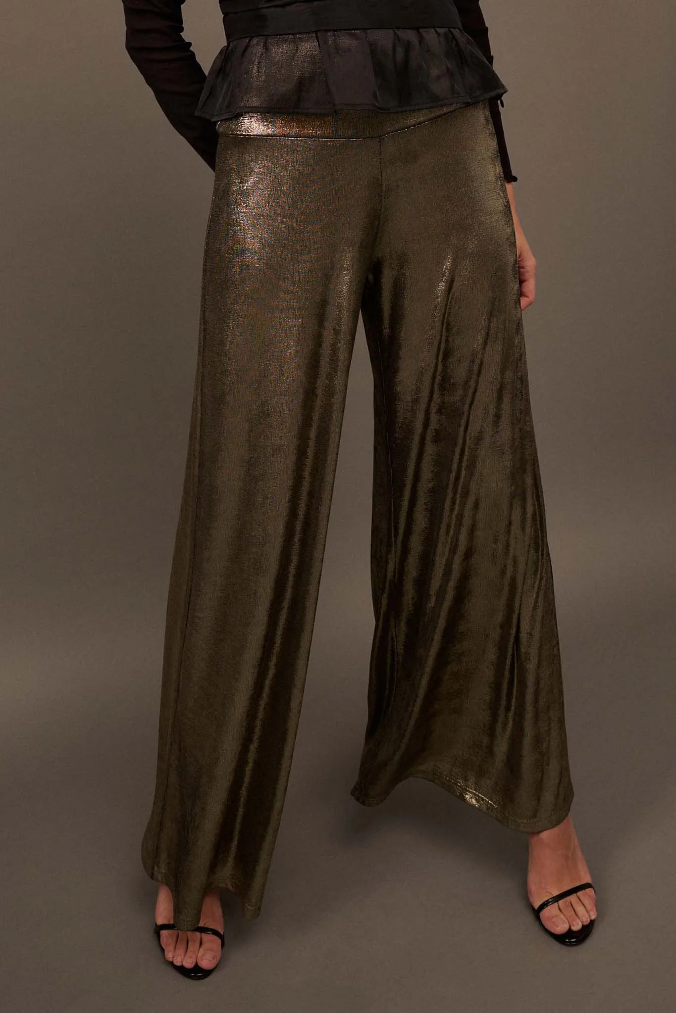 Solid Gold Metallic Wide-Leg Palazzo Pants