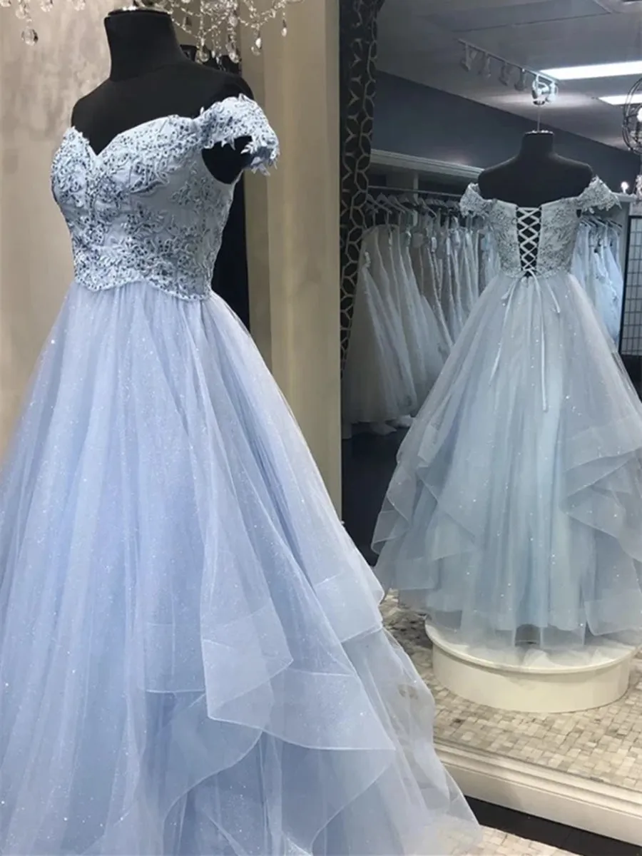 Sparkly Off Shoulder Blue Lace Long Prom, Off the Shoulder Blue Formal, Blue Lace Evening