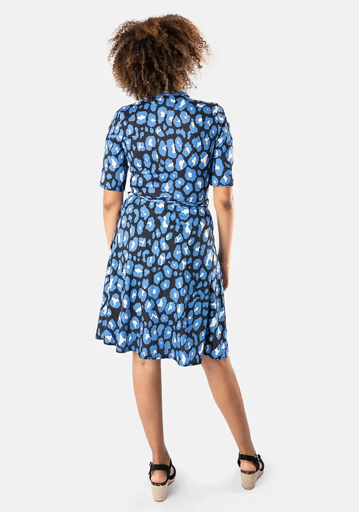 Stevie Lou Blue Animal Print Shawl Collar Wrap Dress