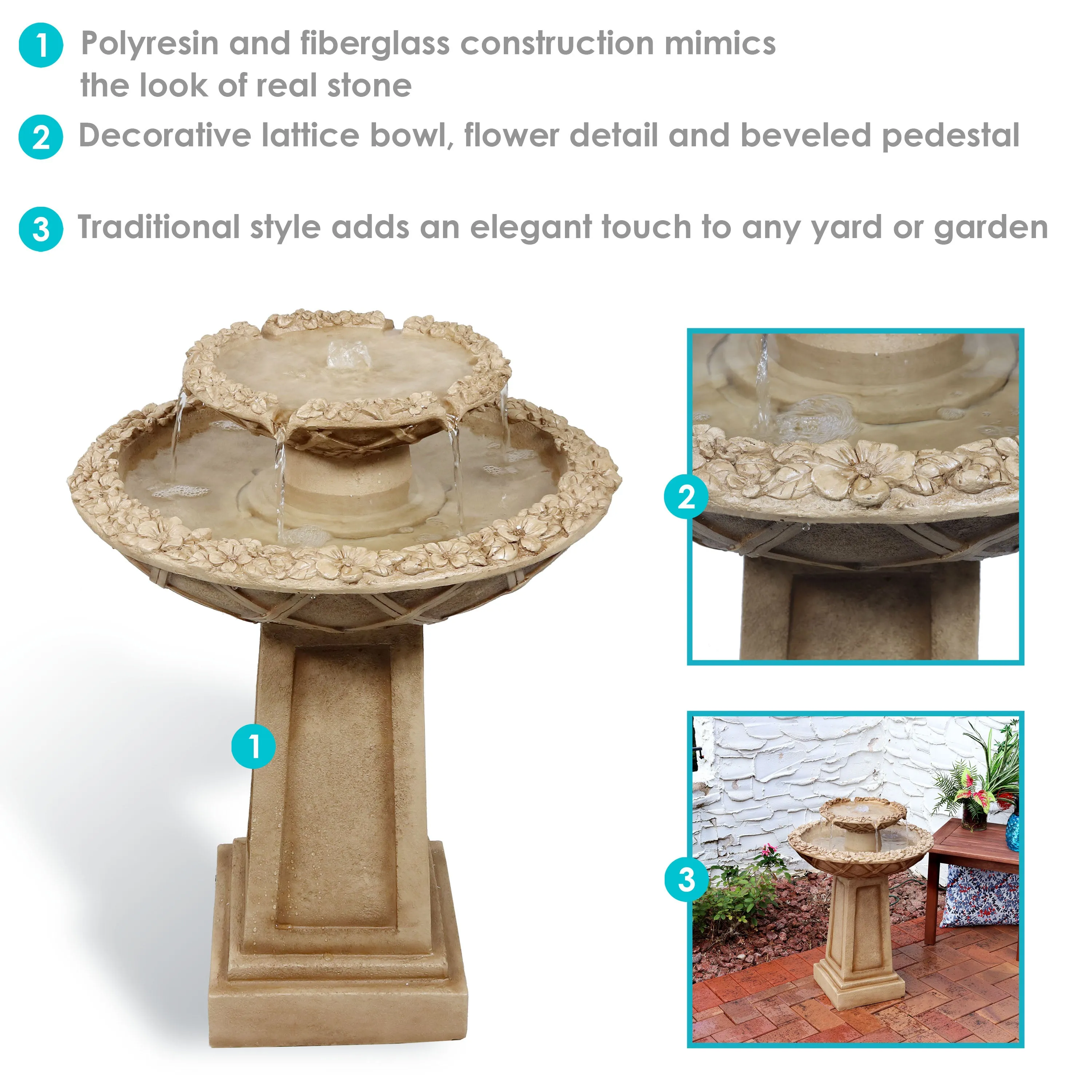 Sunnydaze Beveled Flower 2-Tier Birdbath Water Fountain - 28"