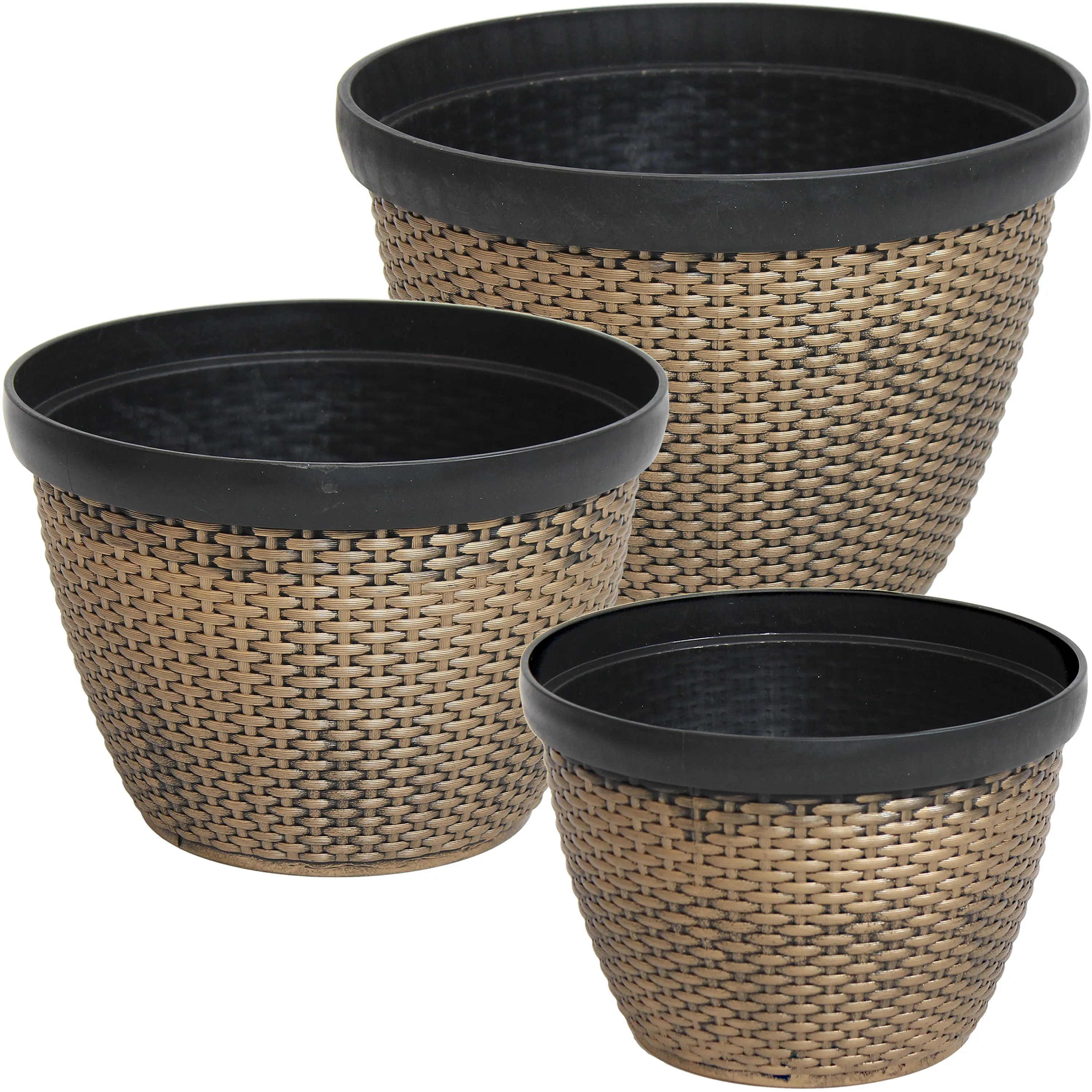 Sunnydaze Resin Faux Basketweave Outdoor Planter - Set of 3