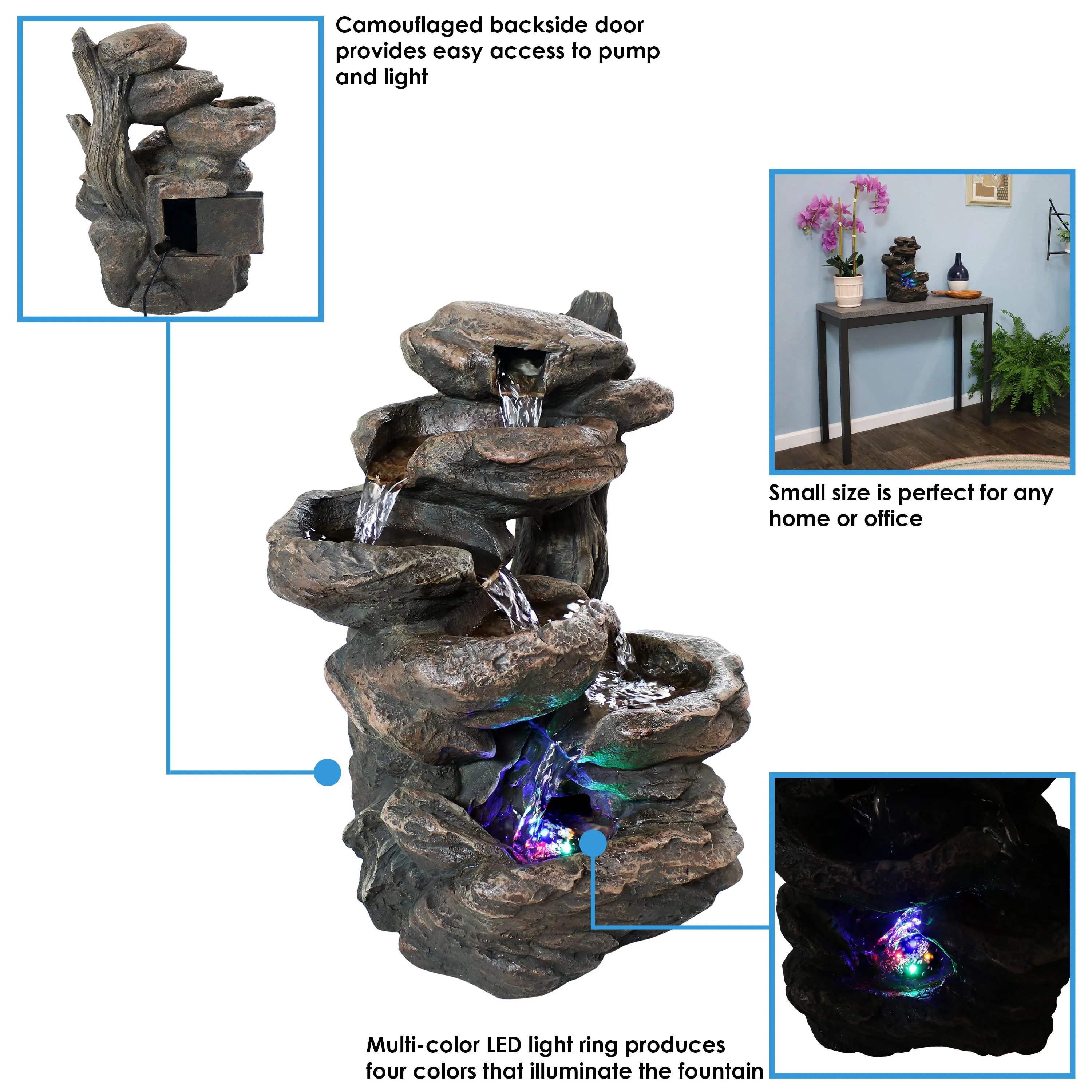 Sunnydaze Staggered Rock Falls Tabletop Fountain with LED Lights - 13"