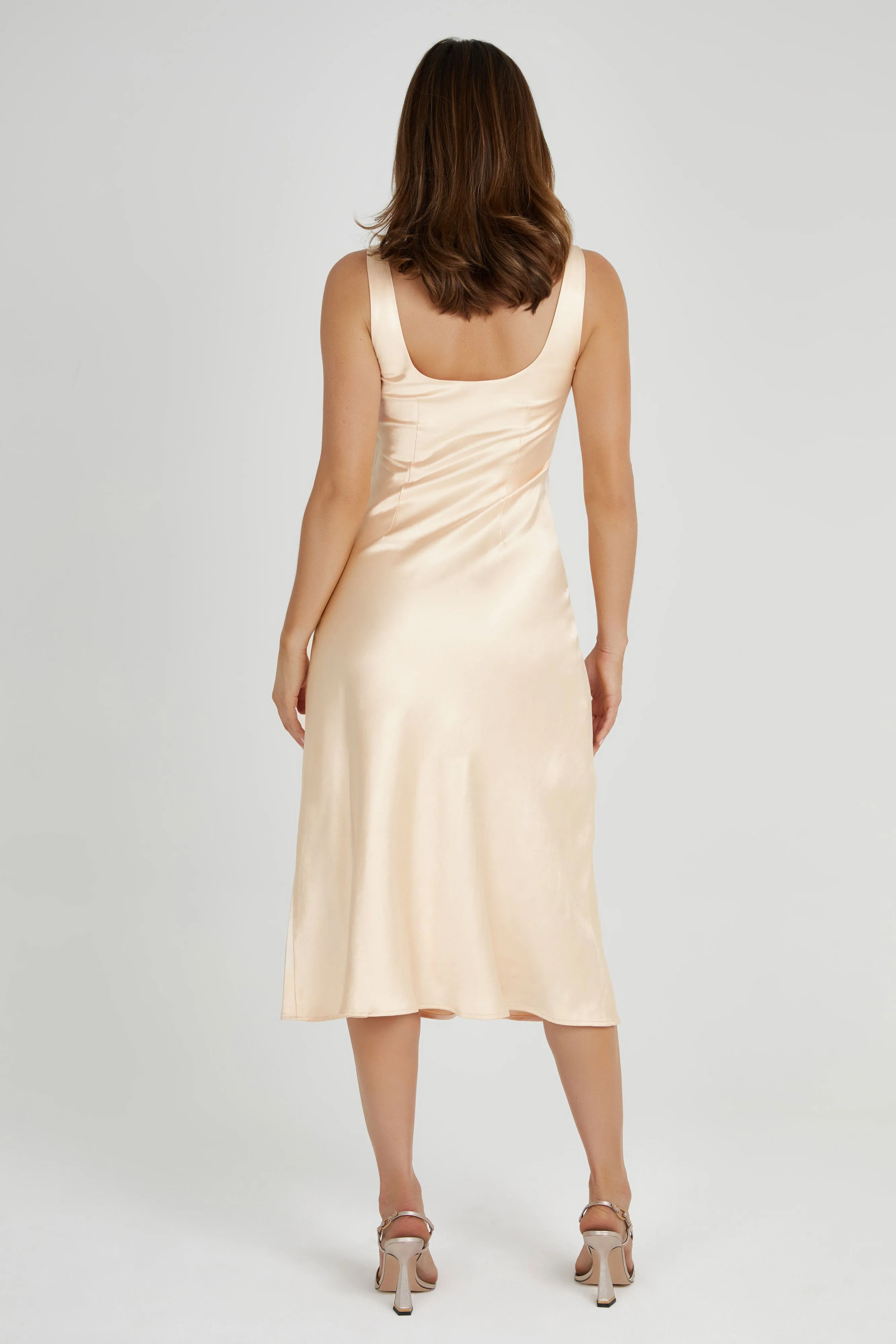 Tamara Satin Iridescent Slip Midi Dress - Apricot