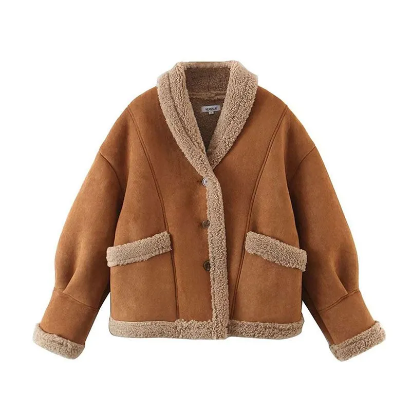 Tan Faux Lambskin Suede Double Faced Faux Fur Shearling Jacket