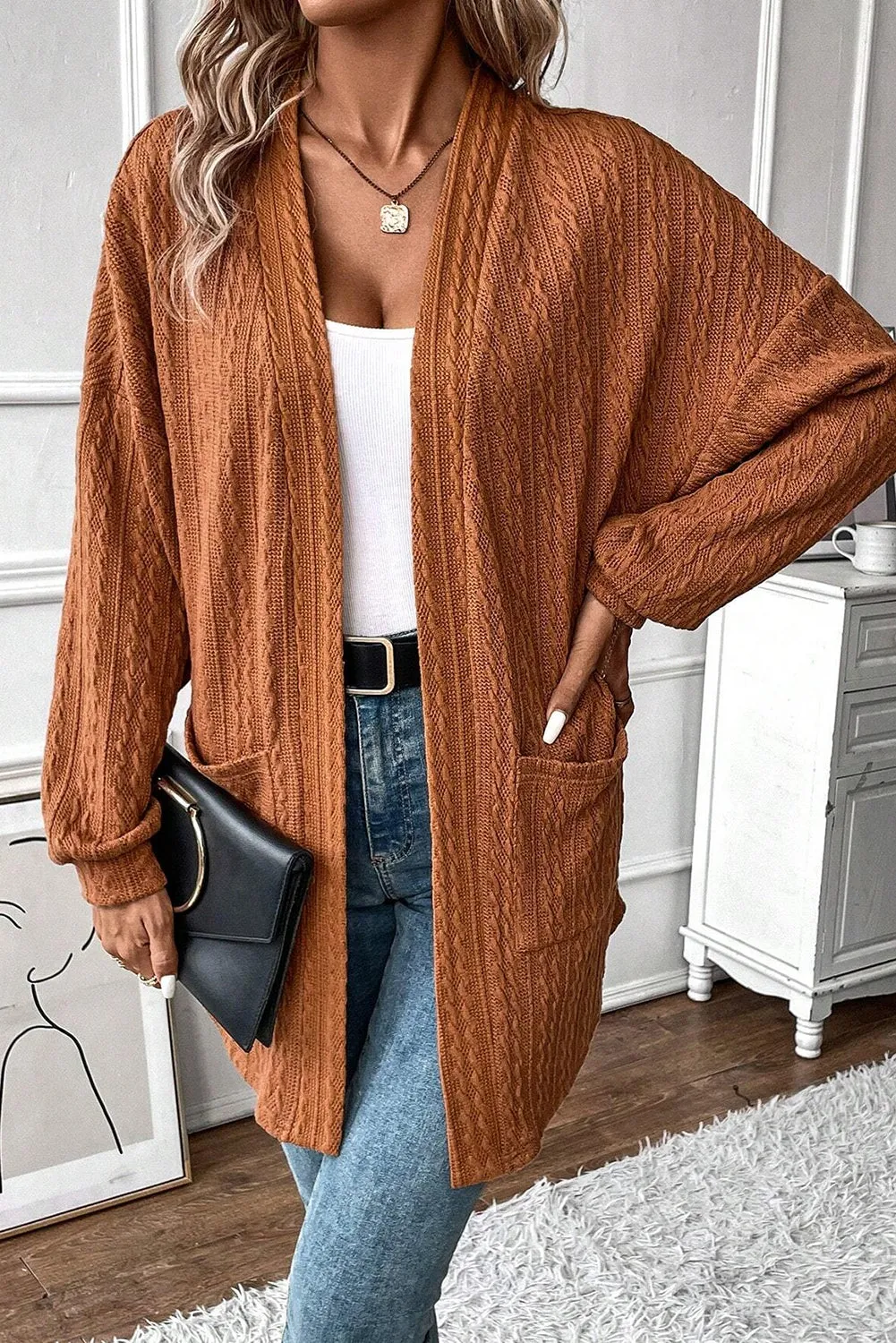 Texture Knit Open Front Cardigan