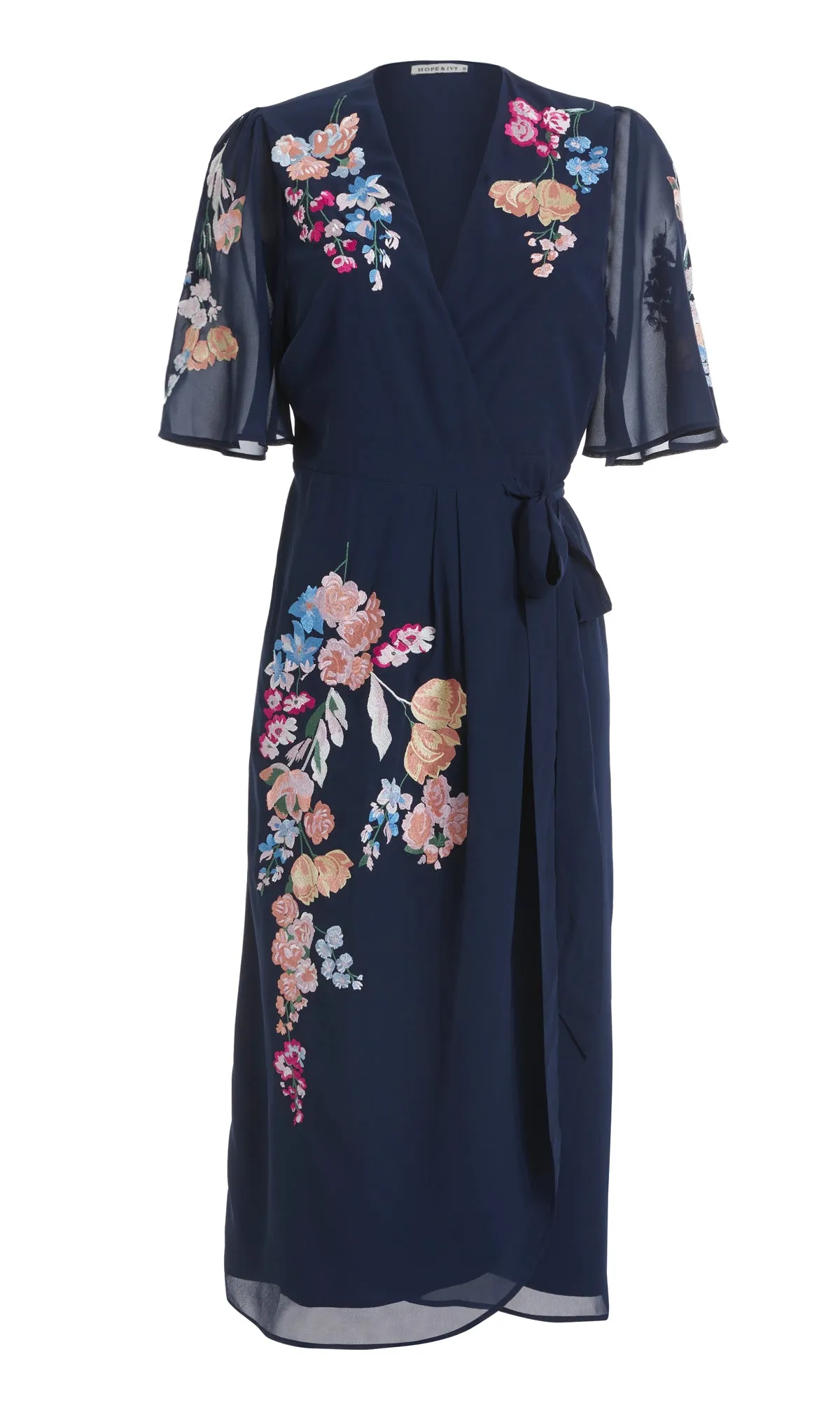 THE CLAIRE EMBROIDERED FLUTTER SLEEVE MIDI WRAP DRESS