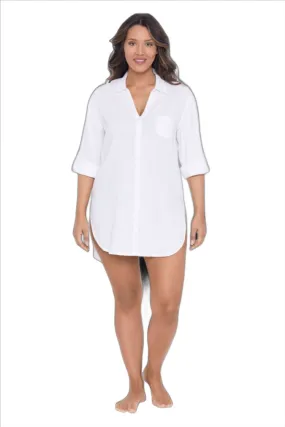 Trimshaper Solid Button Down Beach Shirt Swim Cover Up - White