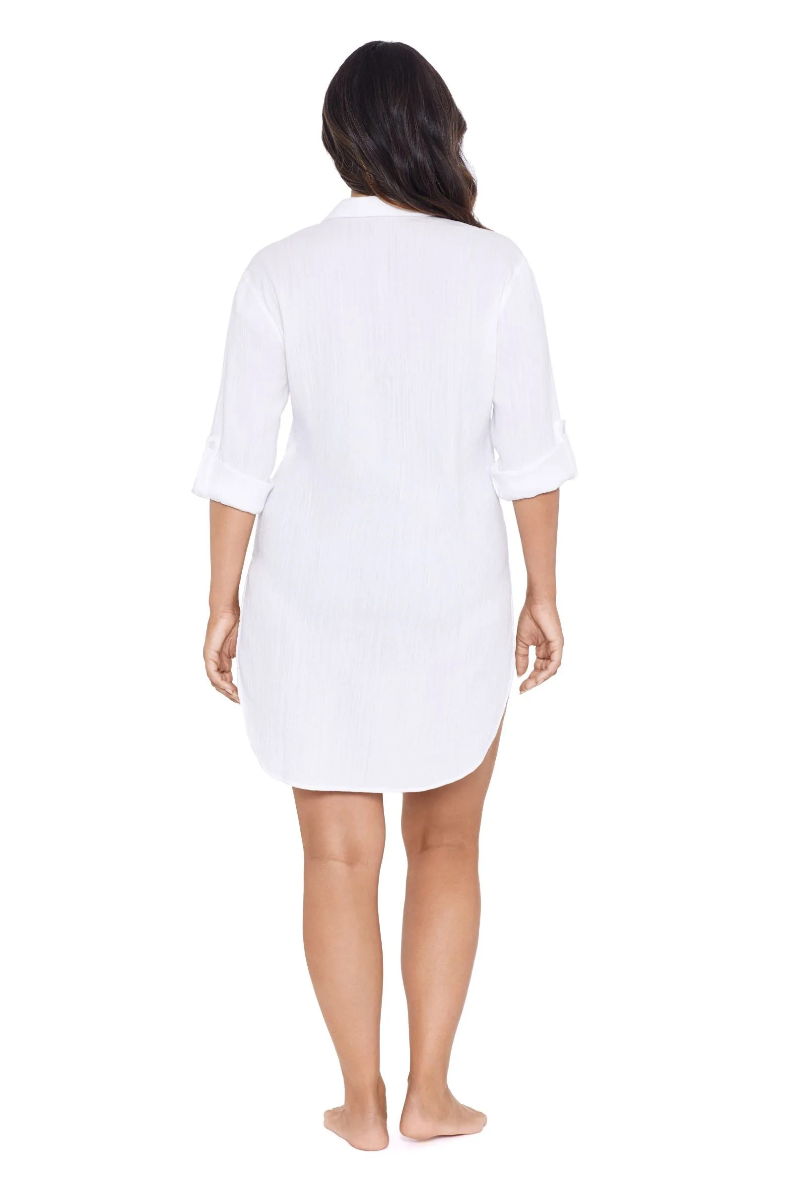 Trimshaper Solid Button Down Beach Shirt Swim Cover Up - White