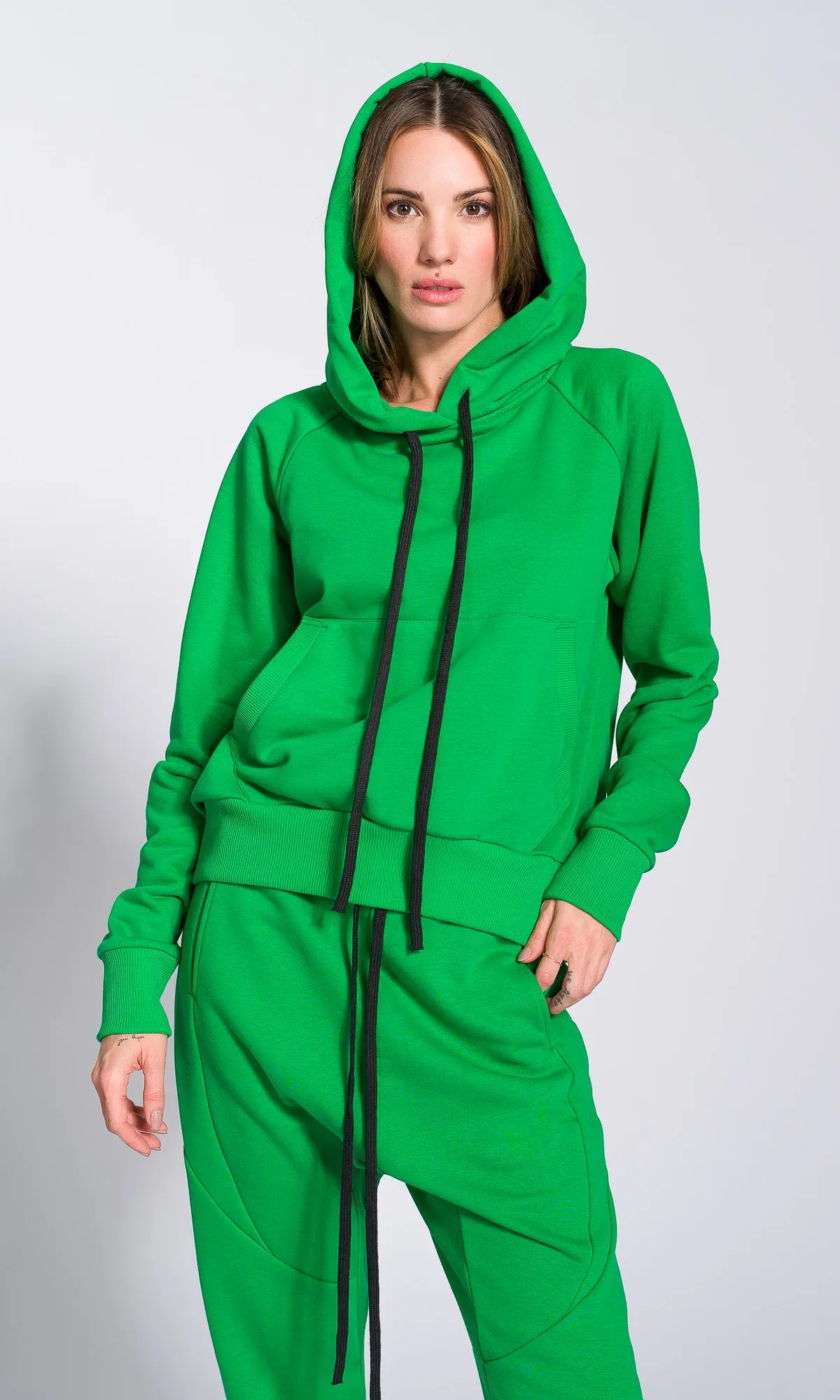 Two-piece Set of Drop Crotch Jogger Pants and Hooded Sweatshirt