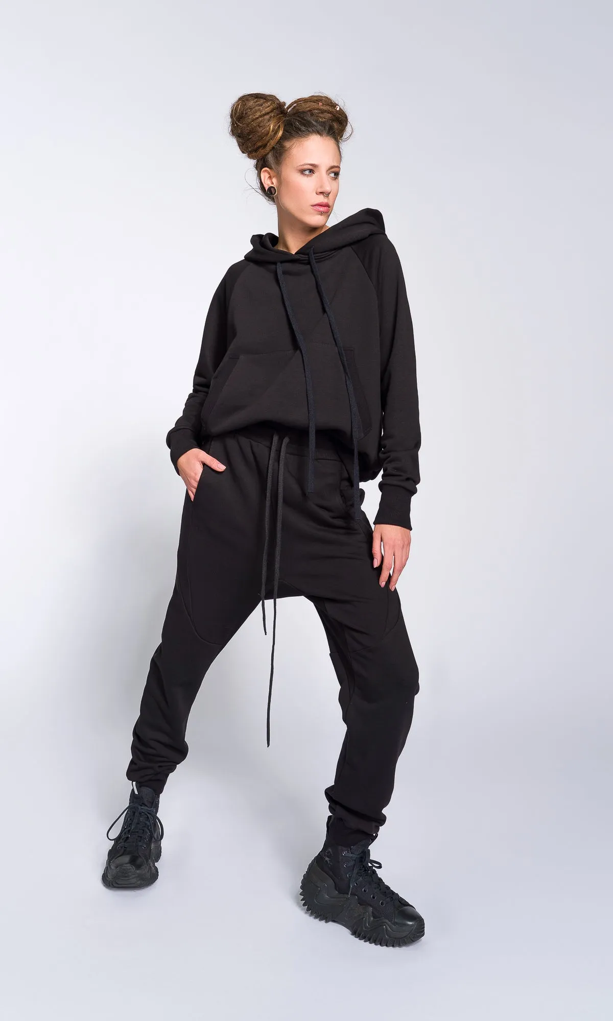 Two-piece Set of Drop Crotch Jogger Pants and Hooded Sweatshirt