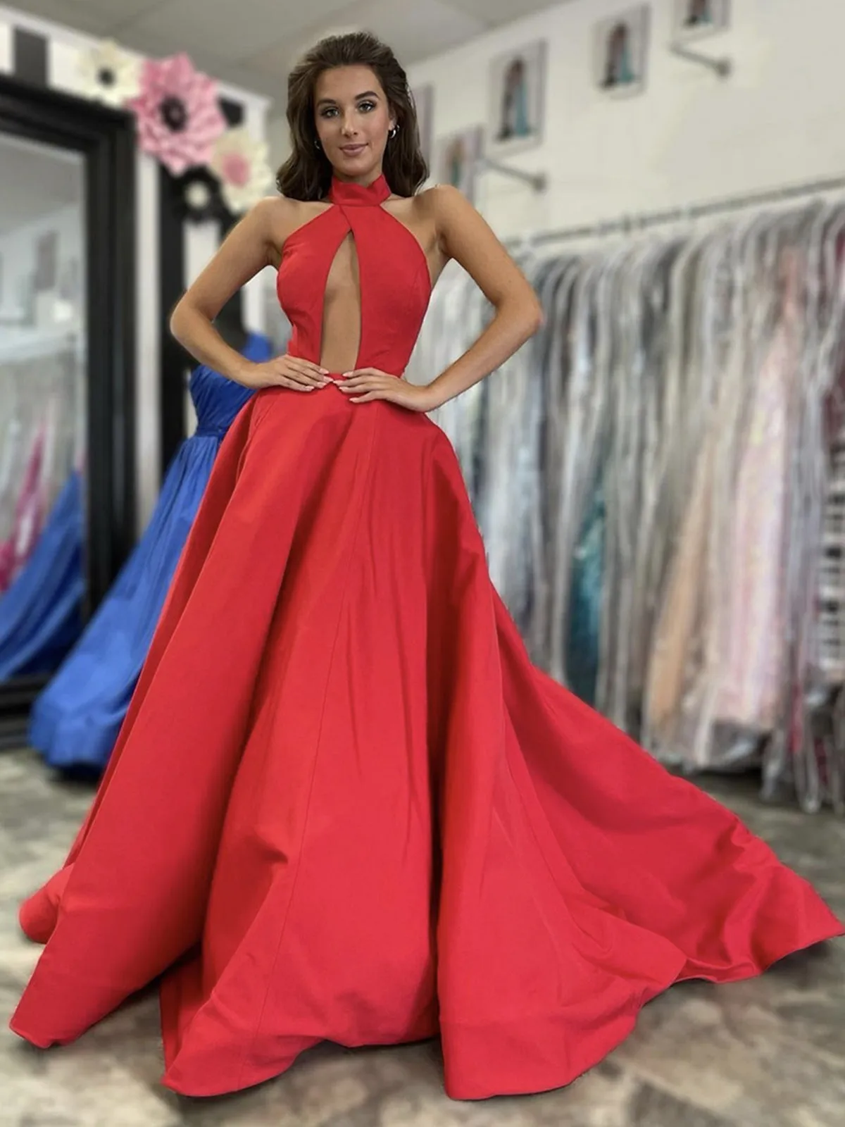 Unique V Neck Red Satin Long Prom Dresses, Long Red Formal Graduation Evening Dresses